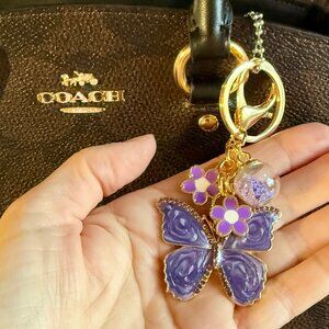 NEW Elegant Purple Butterfly & Flower Rhinestone Gold Keychain Purse Charm